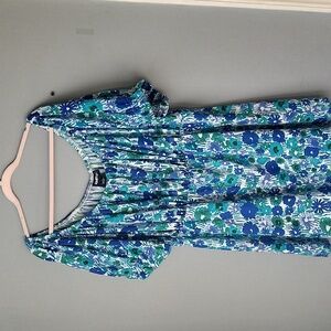 Societie stretchy blue floral print elastic neck knit top